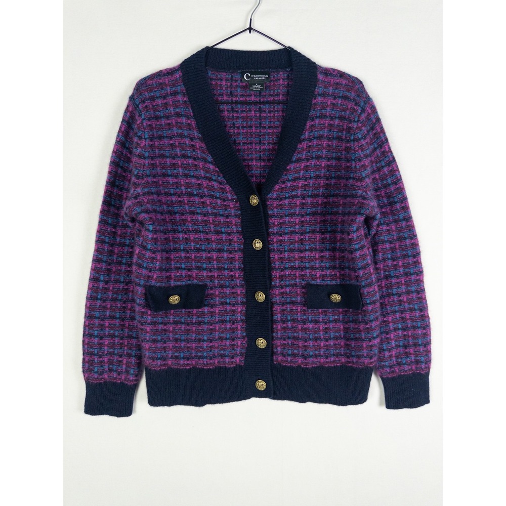 C by Bloomingdale's Cashmere Plaid Cardigan Womens S Navy Pink Quiet Luxury Old